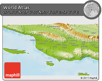 Physical 3D Map of the Area around 26° 50' 27" N, 53° 37' 30" E