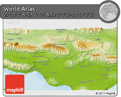 Physical 3D Map of the Area around 26° 50' 27" N, 54° 28' 30" E