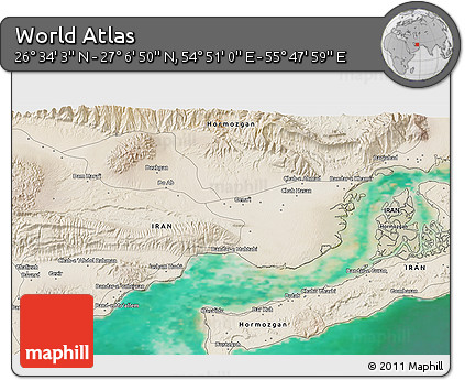 Satellite 3D Map of the Area around 26° 50' 27" N, 55° 19' 30" E