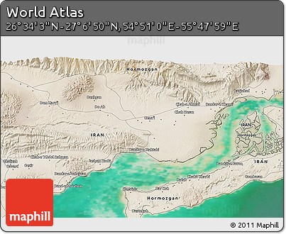 Satellite 3D Map of the Area around 26° 50' 27" N, 55° 19' 30" E