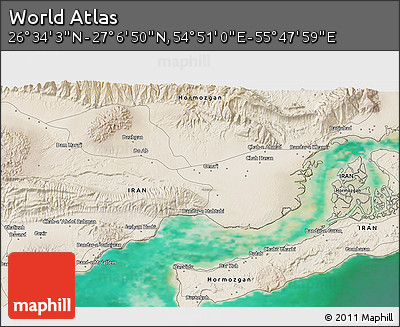 Satellite 3D Map of the Area around 26° 50' 27" N, 55° 19' 30" E