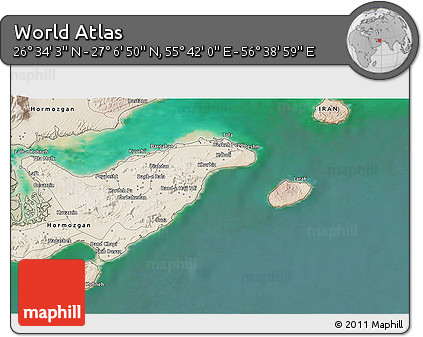 Satellite 3D Map of the Area around 26° 50' 27" N, 56° 10' 29" E