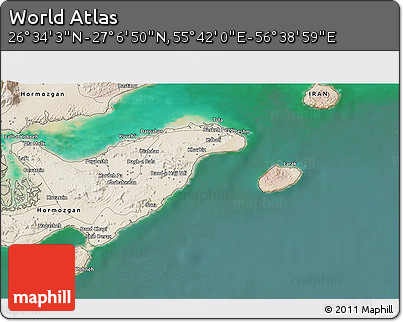 Satellite 3D Map of the Area around 26° 50' 27" N, 56° 10' 29" E