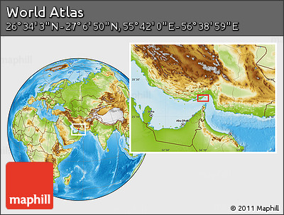 Physical Location Map of the Area around 26° 50' 27" N, 56° 10' 29" E