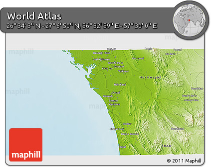 Physical 3D Map of the Area around 26° 50' 27" N, 57° 1' 29" E