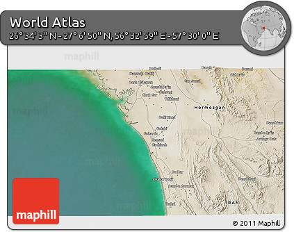 Satellite 3D Map of the Area around 26° 50' 27" N, 57° 1' 29" E