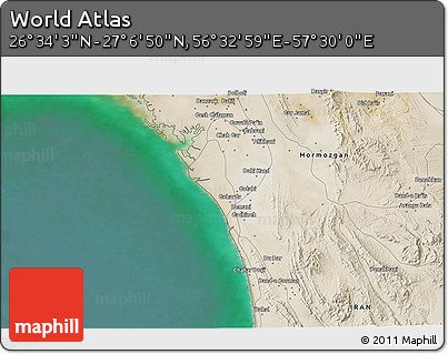 Satellite 3D Map of the Area around 26° 50' 27" N, 57° 1' 29" E