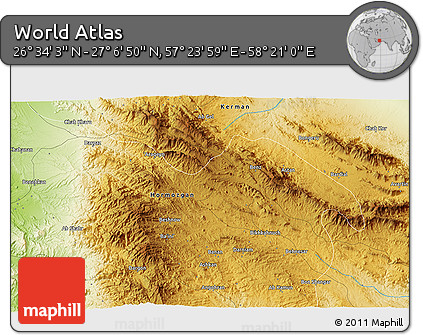 Physical 3D Map of the Area around 26° 50' 27" N, 57° 52' 30" E