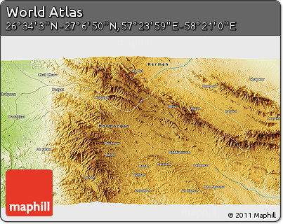 Physical 3D Map of the Area around 26° 50' 27" N, 57° 52' 30" E