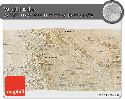 Satellite 3D Map of the Area around 26° 50' 27" N, 57° 52' 30" E