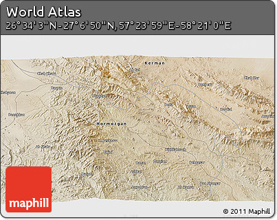 Satellite 3D Map of the Area around 26° 50' 27" N, 57° 52' 30" E