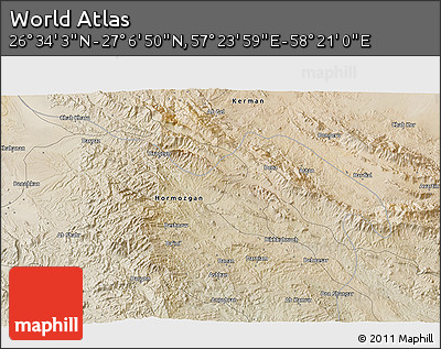 Satellite 3D Map of the Area around 26° 50' 27" N, 57° 52' 30" E
