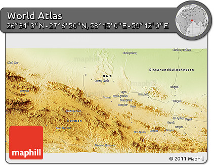 Physical 3D Map of the Area around 26° 50' 27" N, 58° 43' 30" E