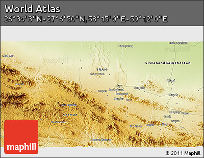 Physical 3D Map of the Area around 26° 50' 27" N, 58° 43' 30" E