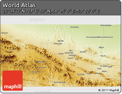 Physical 3D Map of the Area around 26° 50' 27" N, 58° 43' 30" E