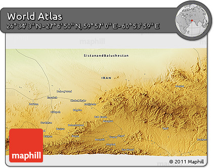 Physical 3D Map of the Area around 26° 50' 27" N, 60° 25' 29" E