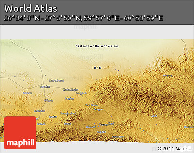 Physical 3D Map of the Area around 26° 50' 27" N, 60° 25' 29" E