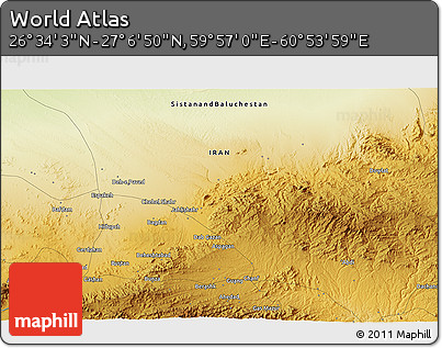 Physical 3D Map of the Area around 26° 50' 27" N, 60° 25' 29" E