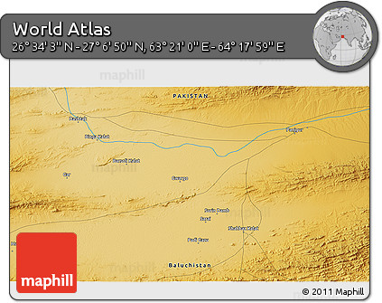 Physical 3D Map of the Area around 26° 50' 27" N, 63° 49' 30" E