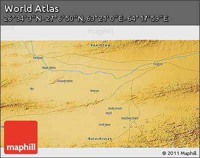 Physical 3D Map of the Area around 26° 50' 27" N, 63° 49' 30" E