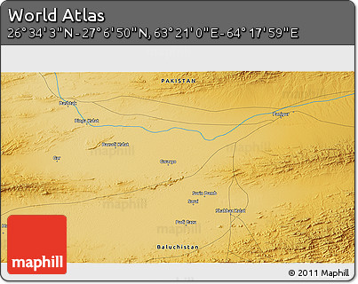 Physical 3D Map of the Area around 26° 50' 27" N, 63° 49' 30" E