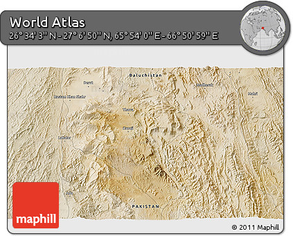 Satellite 3D Map of the Area around 26° 50' 27" N, 66° 22' 30" E
