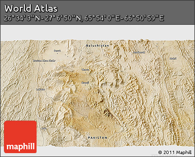 Satellite 3D Map of the Area around 26° 50' 27" N, 66° 22' 30" E