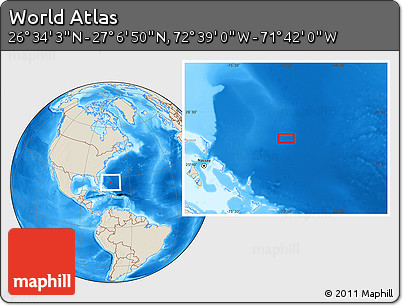 Shaded Relief Location Map of the Area around 26° 50' 27" N, 72° 10' 30" W