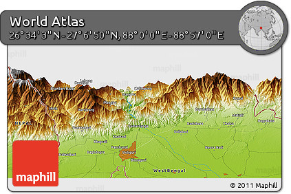 Physical Panoramic Map of the Area around 26° 50' 27" N, 88° 28' 29" E