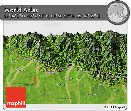 Satellite 3D Map of the Area around 26° 50' 27" N, 89° 19' 29" E