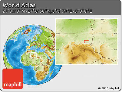 Physical Location Map of the Area around 26° 50' 27" N, 8° 34' 29" E