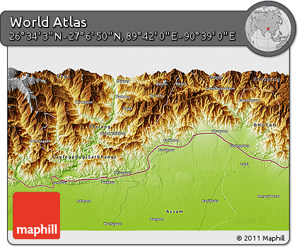 Physical 3D Map of the Area around 26° 50' 27" N, 90° 10' 30" E