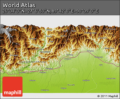 Physical 3D Map of the Area around 26° 50' 27" N, 90° 10' 30" E