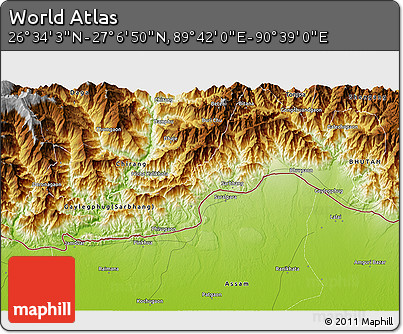 Physical 3D Map of the Area around 26° 50' 27" N, 90° 10' 30" E