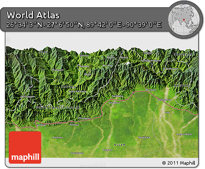 Satellite 3D Map of the Area around 26° 50' 27" N, 90° 10' 30" E