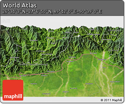 Satellite 3D Map of the Area around 26° 50' 27" N, 90° 10' 30" E