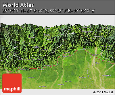 Satellite 3D Map of the Area around 26° 50' 27" N, 90° 10' 30" E