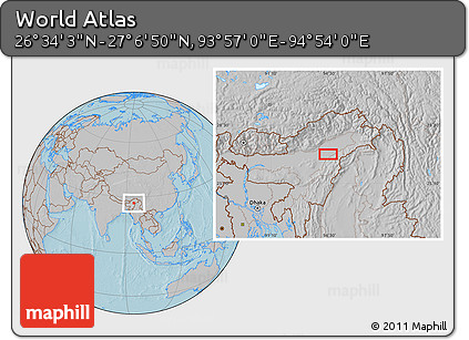Gray Location Map of the Area around 26° 50' 27" N, 94° 25' 30" E, hill shading