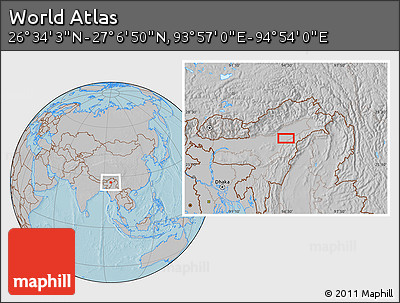 Gray Location Map of the Area around 26° 50' 27" N, 94° 25' 30" E, hill shading