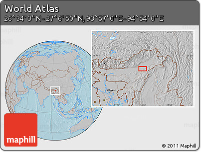 Gray Location Map of the Area around 26° 50' 27" N, 94° 25' 30" E, hill shading
