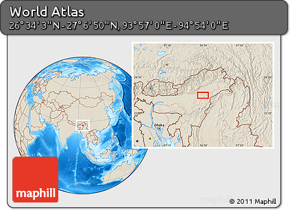 Shaded Relief Location Map of the Area around 26° 50' 27" N, 94° 25' 30" E