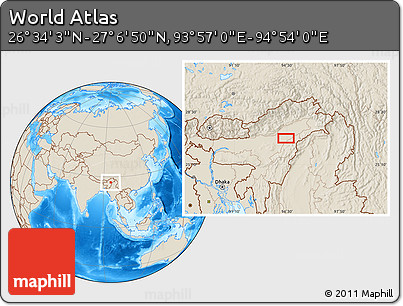 Shaded Relief Location Map of the Area around 26° 50' 27" N, 94° 25' 30" E