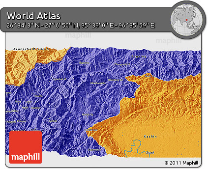 Political 3D Map of the Area around 26° 50' 27" N, 96° 7' 30" E