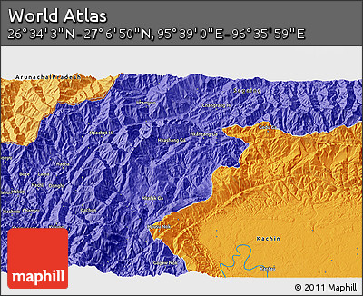 Political 3D Map of the Area around 26° 50' 27" N, 96° 7' 30" E