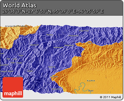 Political 3D Map of the Area around 26° 50' 27" N, 96° 7' 30" E