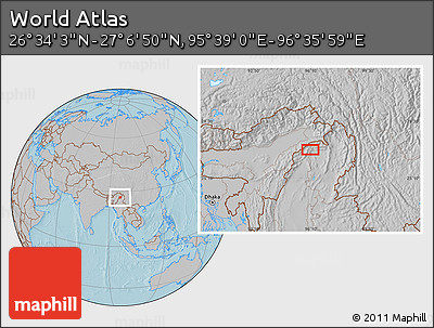 Gray Location Map of the Area around 26° 50' 27" N, 96° 7' 30" E, hill shading