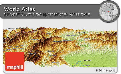 Physical Panoramic Map of the Area around 26° 50' 27" N, 96° 7' 30" E