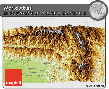 Physical 3D Map of the Area around 26° 50' 27" N, 96° 58' 29" E