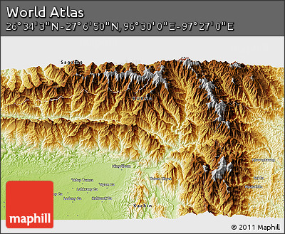 Physical 3D Map of the Area around 26° 50' 27" N, 96° 58' 29" E