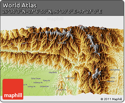 Physical 3D Map of the Area around 26° 50' 27" N, 96° 58' 29" E